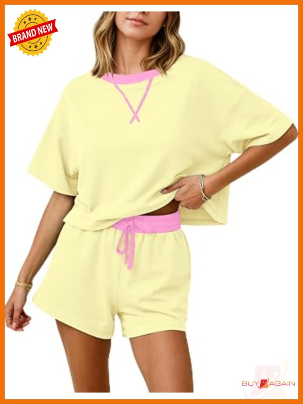 Womens 2 Piece Lounge Set Striped Short Sleeve Tee & Drawstring Shorts